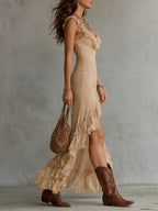 Boho Ruffled-Collar Lace Maxi Dress With High Slit