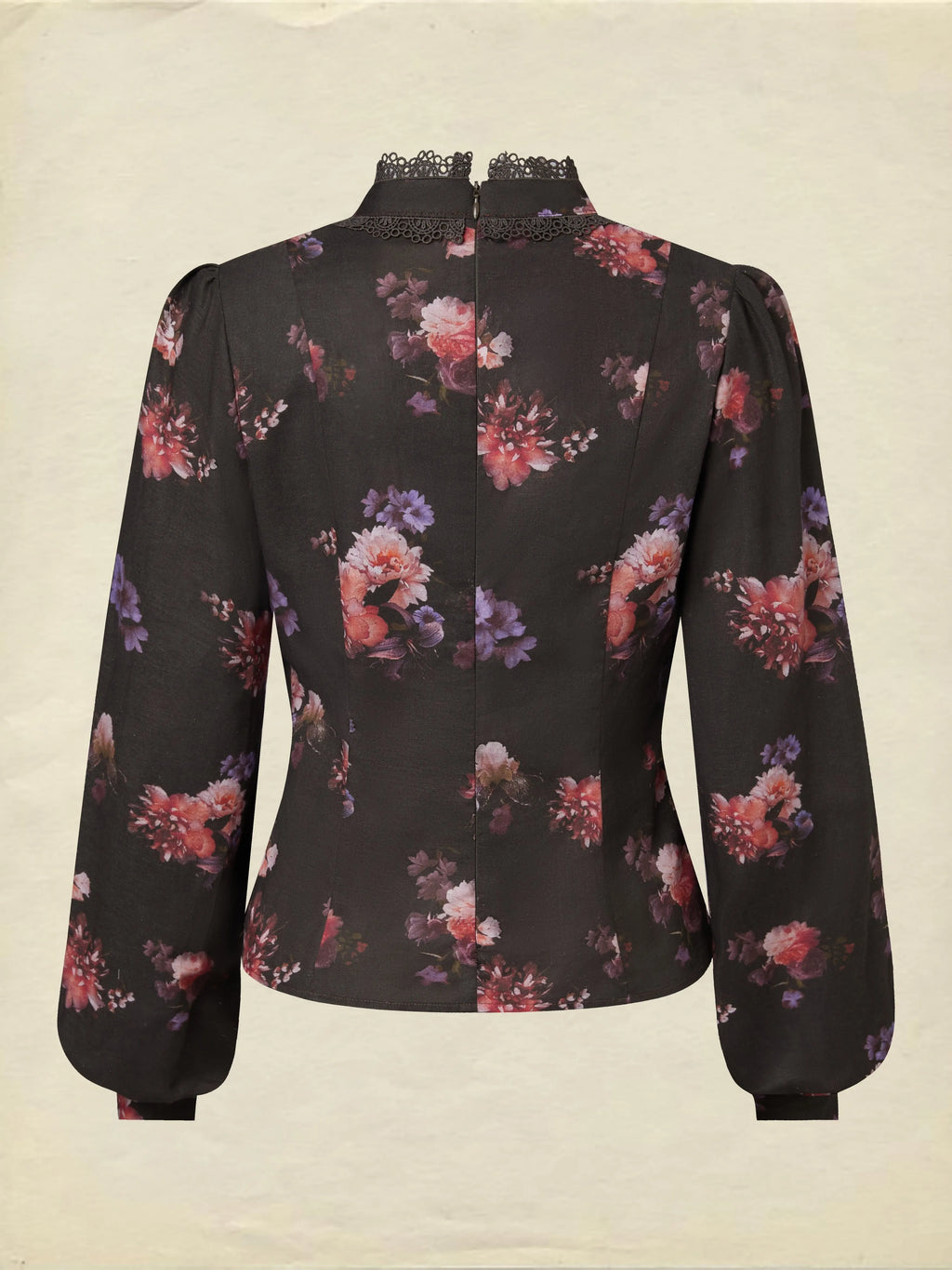 Cotton Blouse, Long Sleeves, Stand Collar, Floral, Lace, Vintage, Black