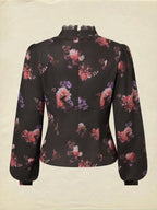 Cotton Blouse, Long Sleeves, Stand Collar, Floral, Lace, Vintage, Black