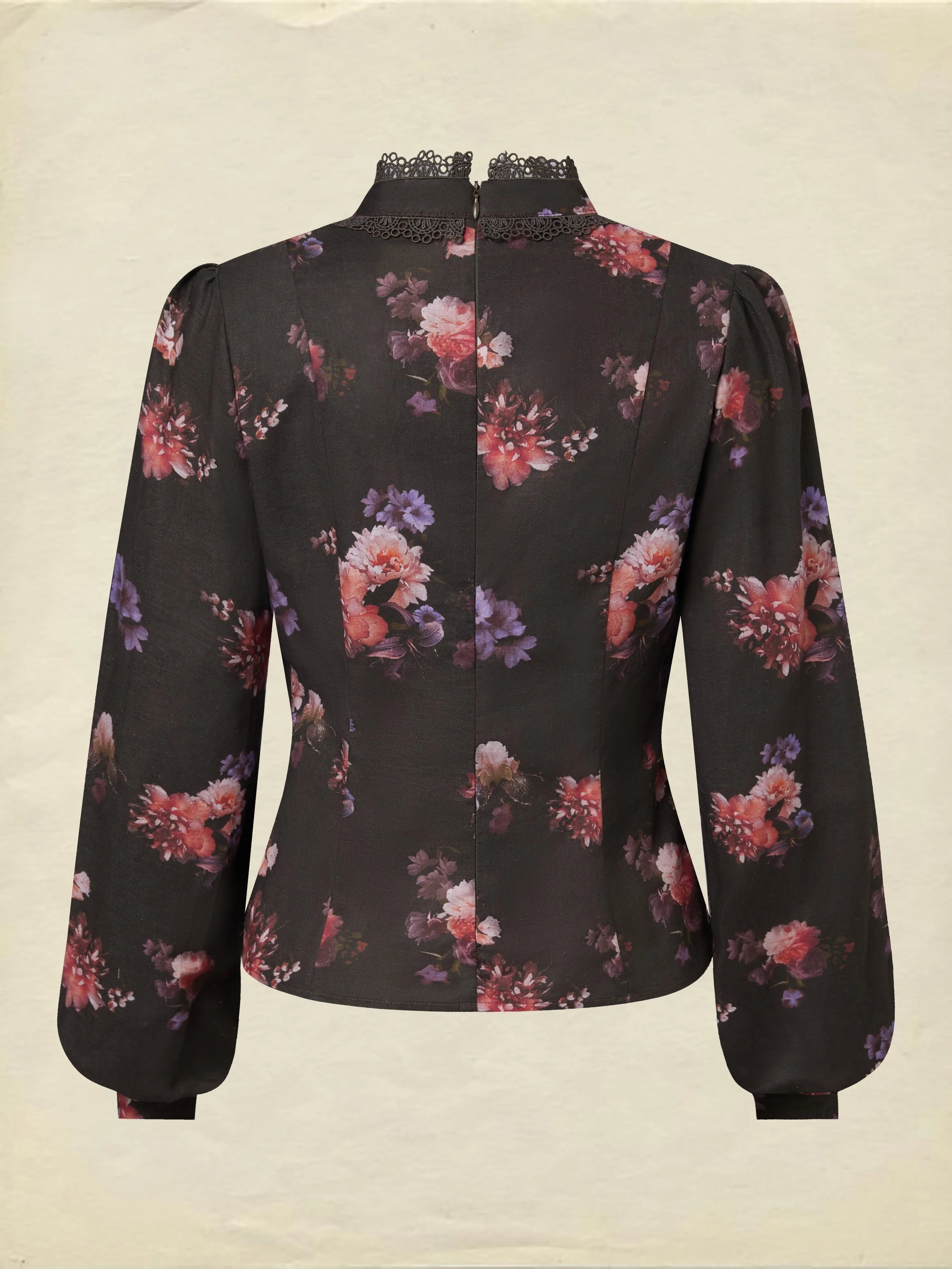 Cotton Blouse, Long Sleeves, Stand Collar, Floral, Lace, Vintage, Black