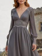 Maxi Linen Dress, Long Sleeves, V Neck, Plain, Lace, Vintage, Gray