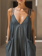 Double Strap V-Neck Chambray Jumpsuit With Pockets