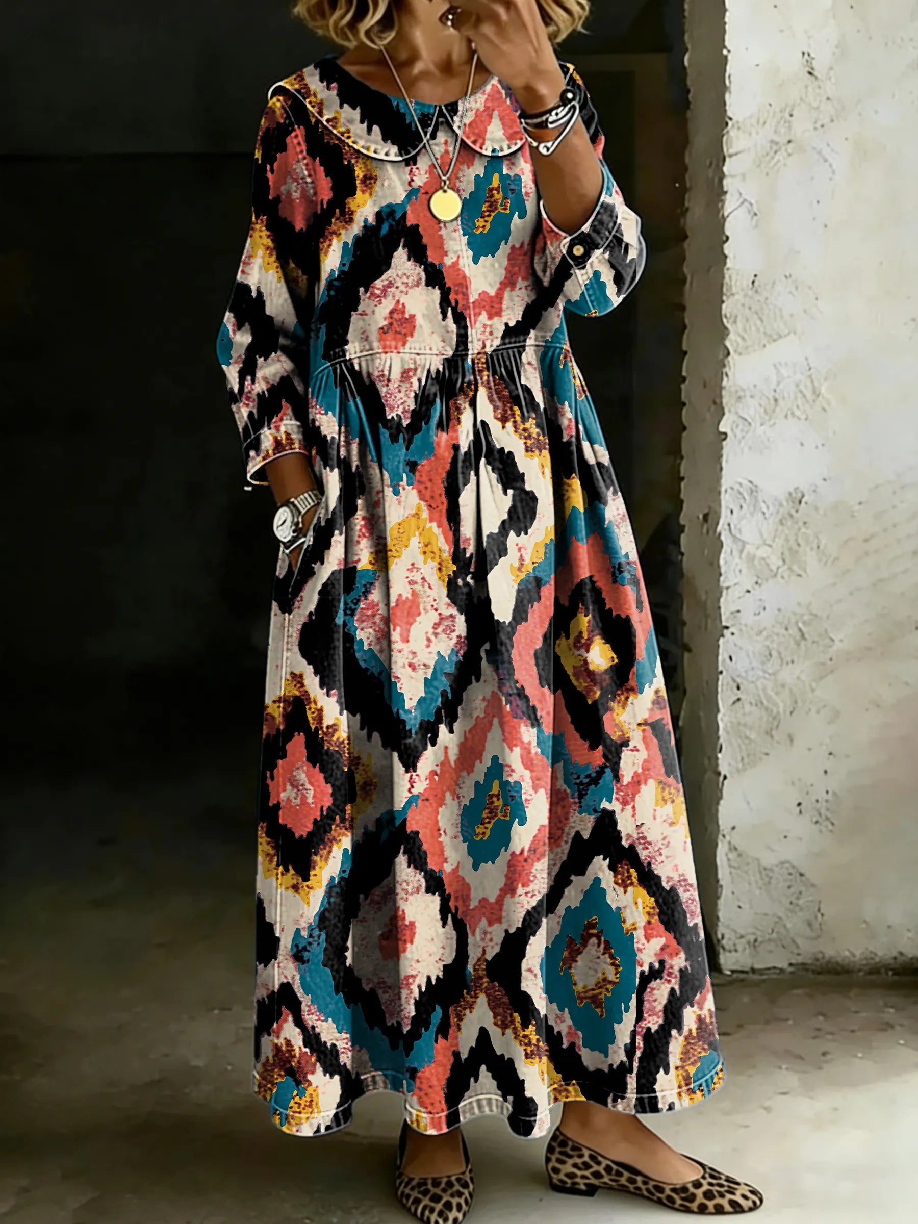 Women's Retro Multicolor Splicing Long-sleeved Loose-fitting Casual Denim Dress