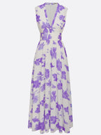 Lavender Purple Floral Chiffon V Neck Sleeveless A-Line Maxi Dress