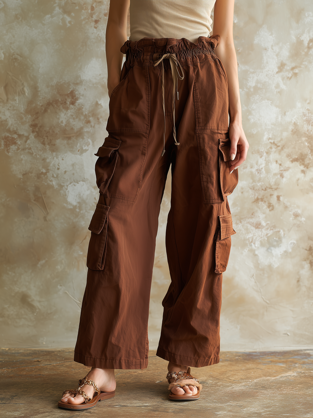 Brown High Waist Wide Leg Cargo Pants