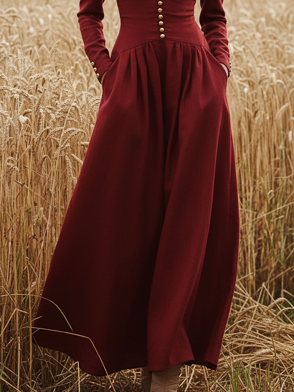 Maxi Linen Dress, Long Sleeves, V Neck, Plain, Button Design, Vintage, Deep Red