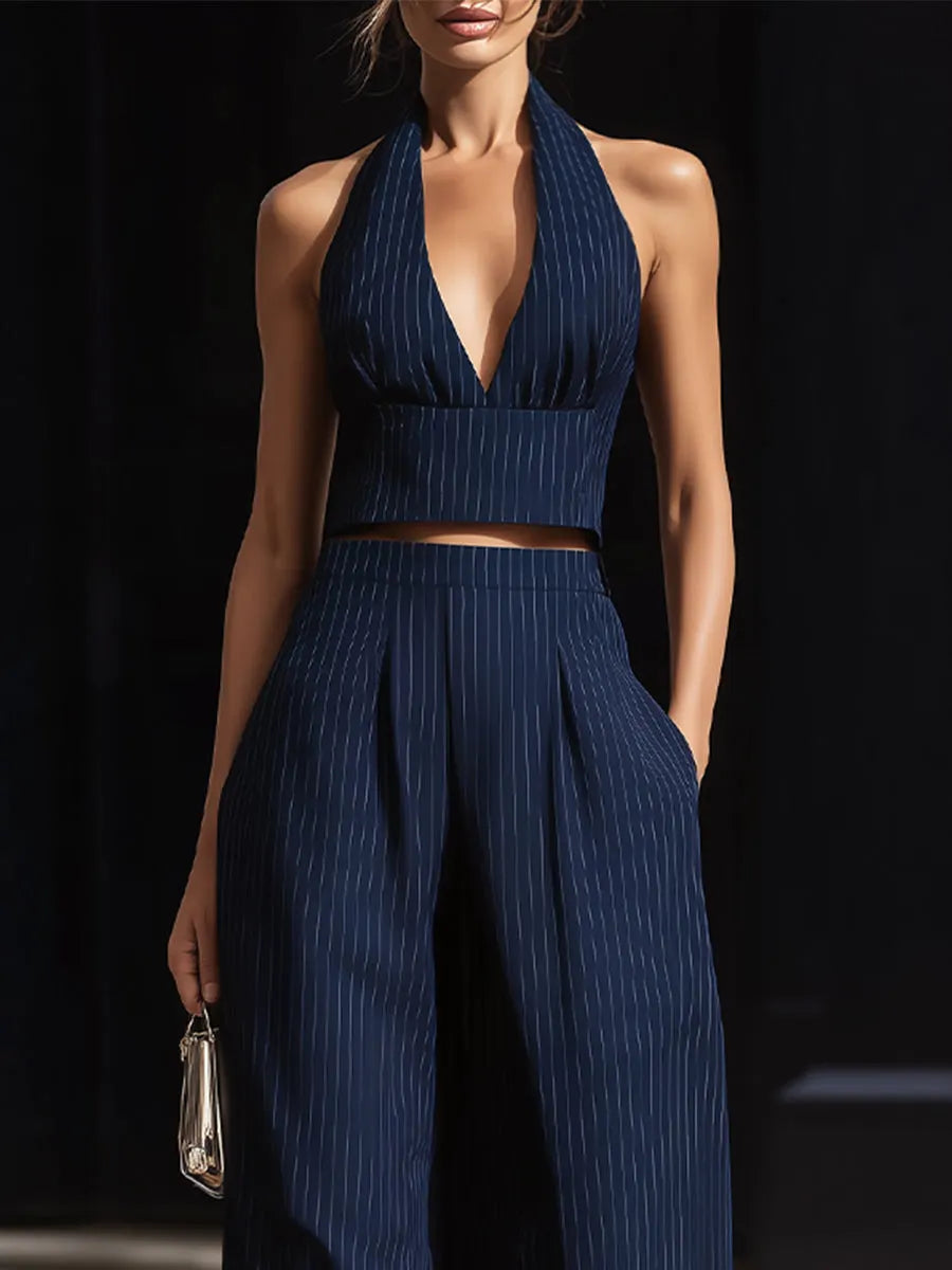Navy Blue Pinstripe Halter Neck Crop Top & High Waisted Wide Leg Pants Two-Piece Set