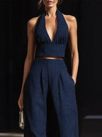 Navy Blue Pinstripe Halter Neck Crop Top & High Waisted Wide Leg Pants Two-Piece Set
