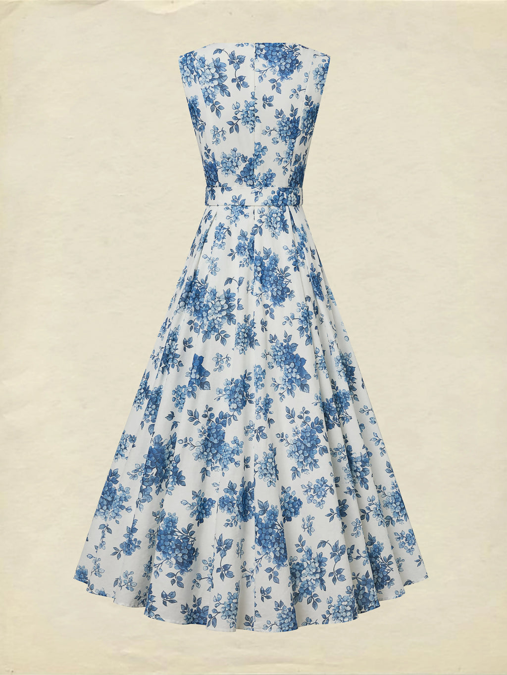 Maxi Linen Dress , Sleeveless, Round Neck, Floral, Belt Design, Vacation, Vintage, Blue