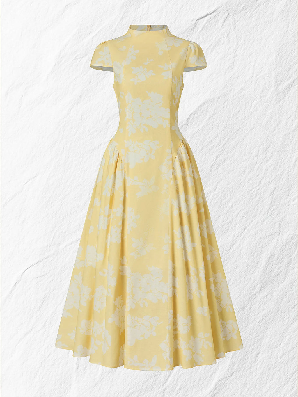 Midi Cotton Dress, Short Sleeves, Floral, French Vintage, Yellow