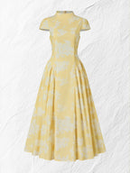 Midi Cotton Dress, Short Sleeves, Floral, French Vintage, Yellow