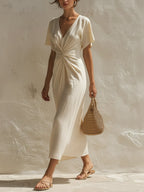 Cream Linen-Blend Twist-Front V-Neck Flutter Sleeve Midi Dress