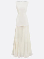 Off White Pleated Classic Boat Neck Sleeveless A-Line Floor-length Gown Dress