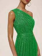 Green One Shoulder Sleeveless A-Line Gown  Sequin Dress