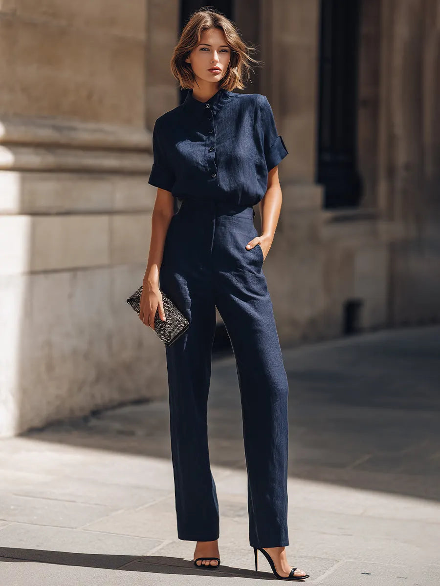 Short Sleeve Button-Up Blouse And Tailored Straight-Leg Trousers Set