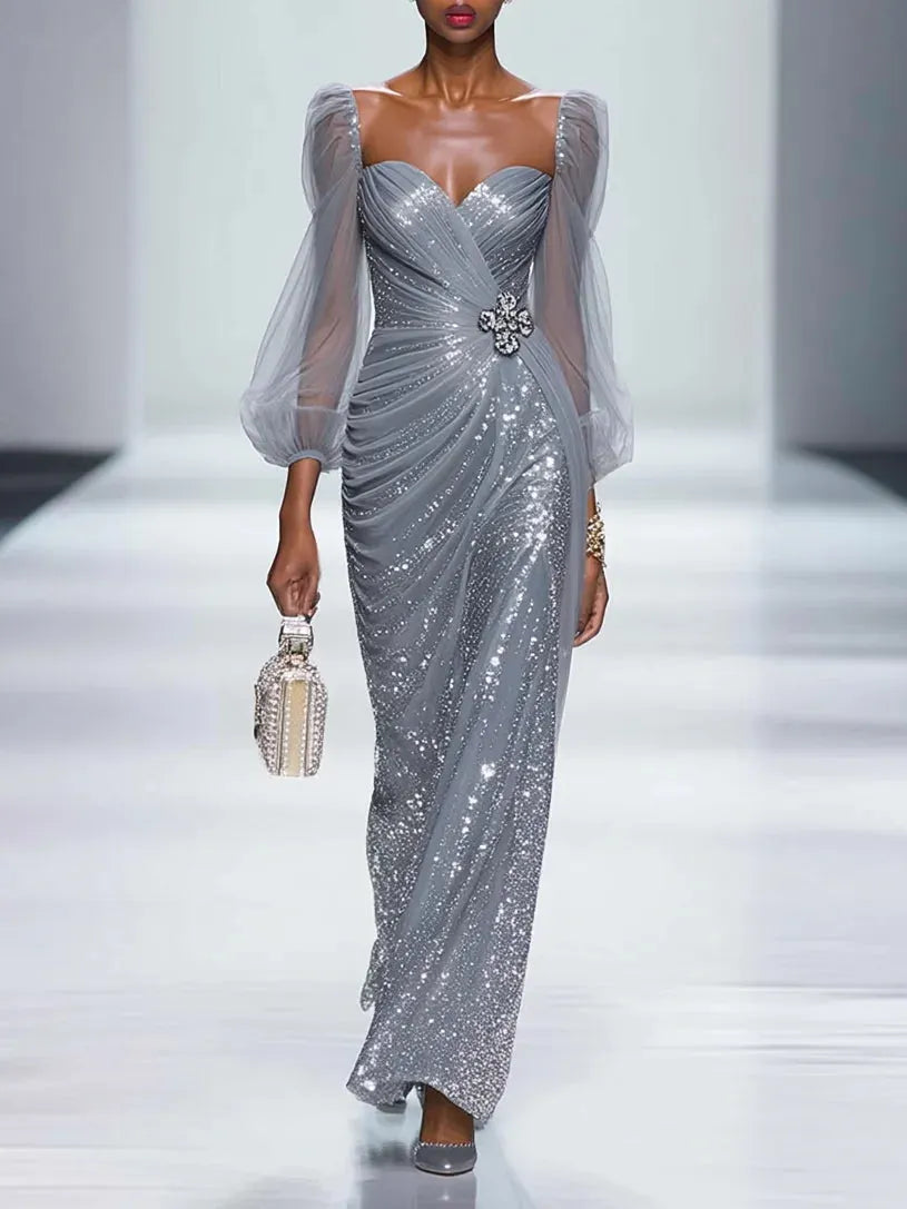 Silver Gray Buckle Sequin Sweetheart Neckline Long Sleeve Sheath Maxi Dress