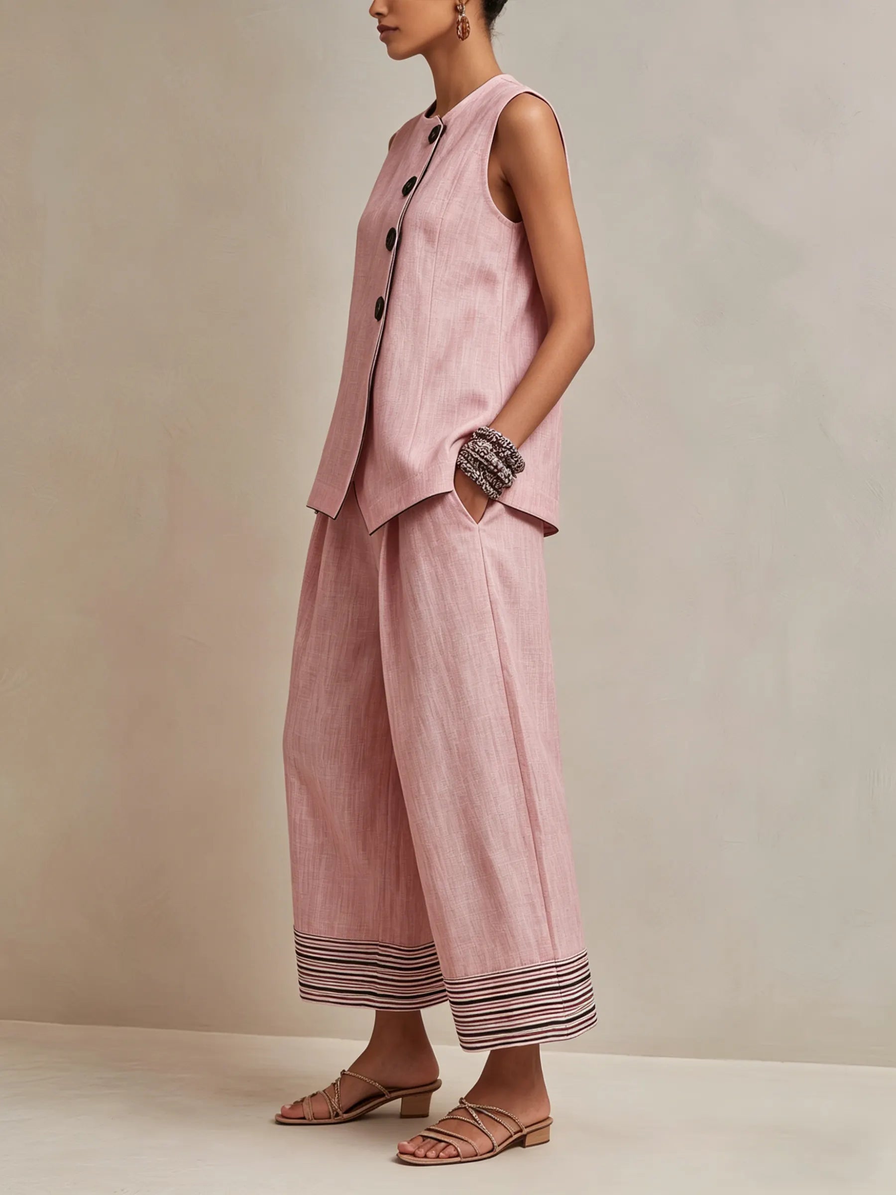 Blush Pink Linen-Blend Co-ord Set With Button Vest & Striped Hem Culottes