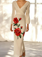 Elegant White Chiffon Dress with Side Rose Print