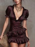 Vintage Romance Striped Satin Ruffle Mini Dress