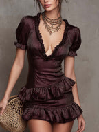 Vintage Romance Striped Satin Ruffle Mini Dress