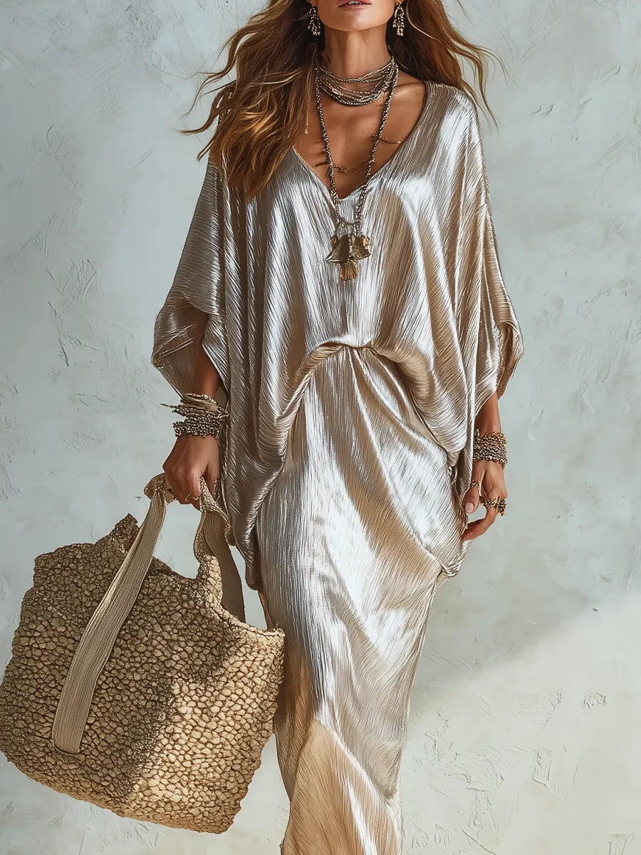 Bohemian Shimmering Silver Satin Fitted Cardigan Dress