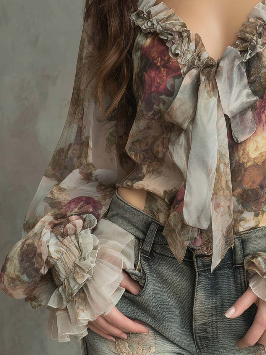 Boho Vintage Floral Tie-Front Chiffon Blouse
