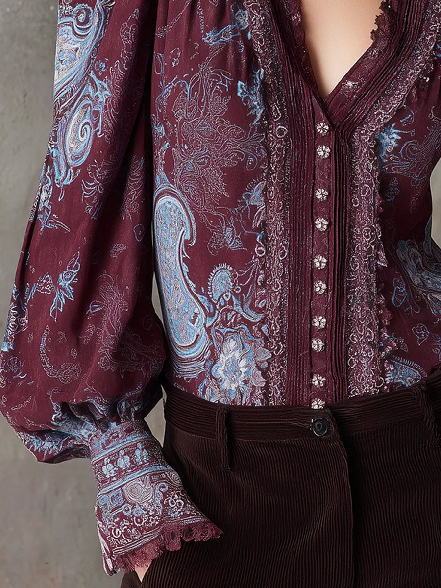 Bohemian Paisley Pattern Lace Puff Sleeves Mixed Cotton Blouse