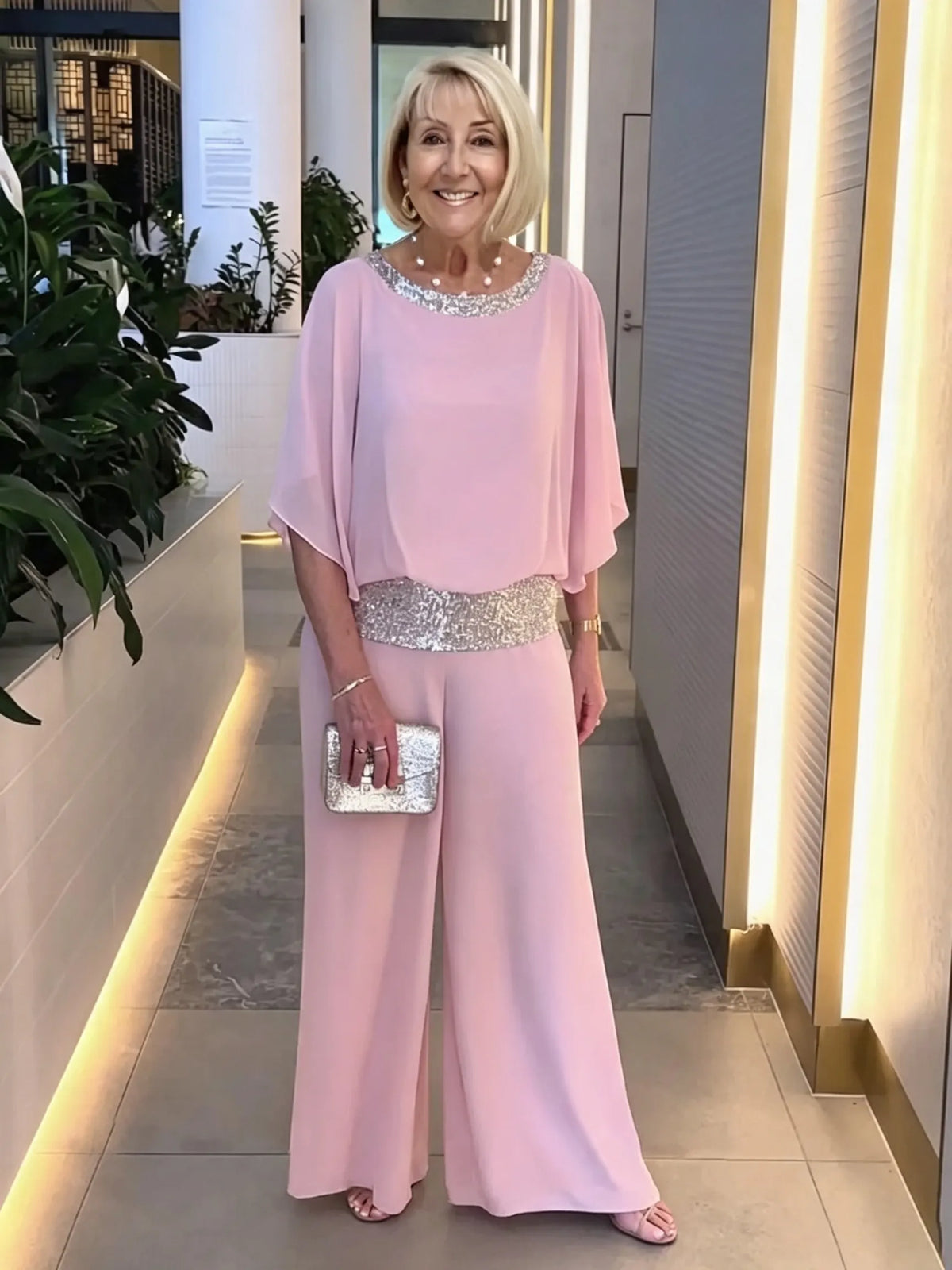 2Pcs Shine Bright Pink Gorgeous Outfit with Sequins Wedding Tunic Party Suit  Chiffon Opaque Soft Fabric Two Piece Set