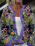 Violet Wildflower Embroidery Art Cozy Knit Cardigan