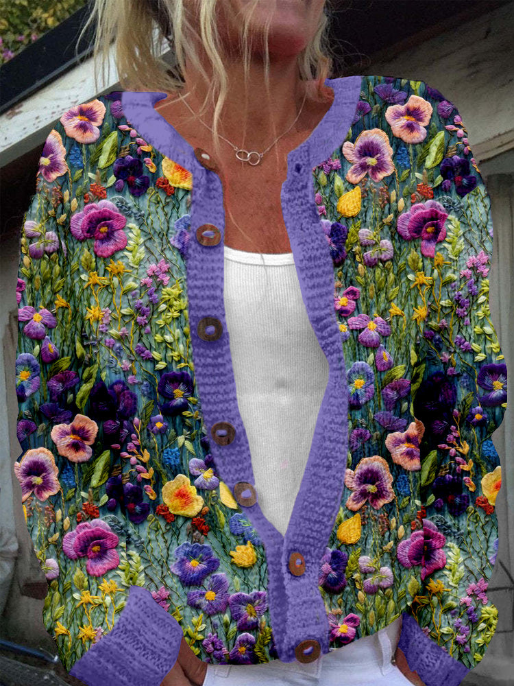 Violet Wildflower Embroidery Art Cozy Knit Cardigan