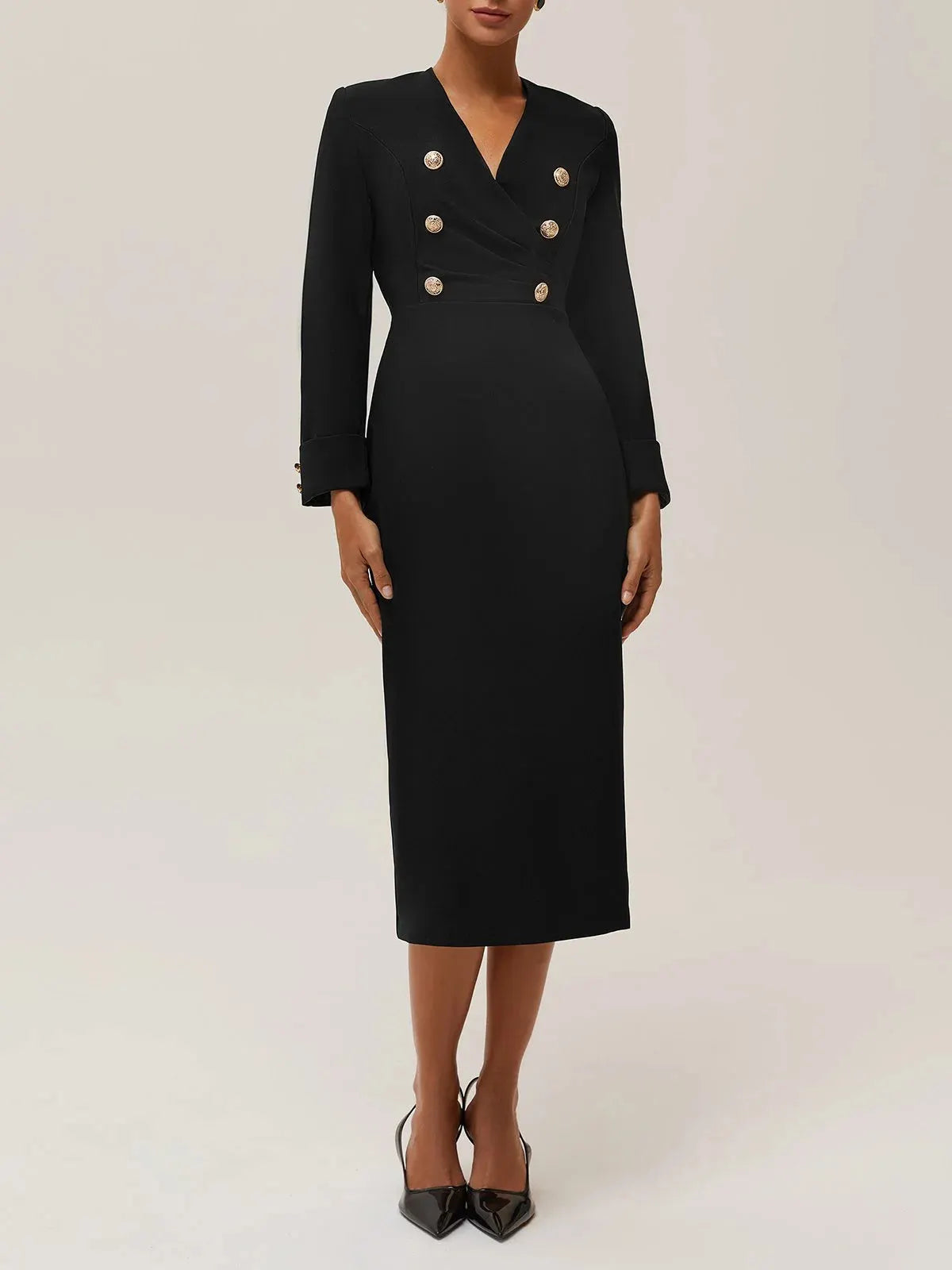 Black Buckle V Neck Long Sleeve Sheath Midi Blazer Dress
