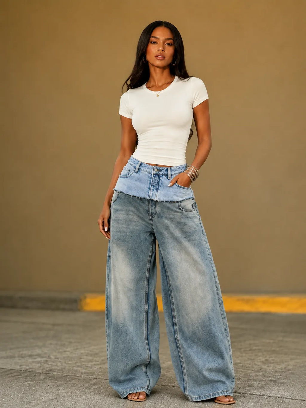Layered Waistband Wide Leg Denim