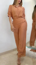 Lace Eyelet Shirt + High Waist Lace Hem Flared Pants Two Piece