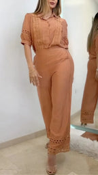 Lace Eyelet Shirt + High Waist Lace Hem Flared Pants Two Piece