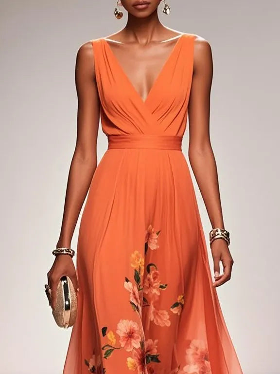 Orange Floral Chiffon V Neck Sleeveless A-Line Maxi Dress