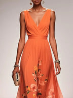 Orange Floral Chiffon V Neck Sleeveless A-Line Maxi Dress