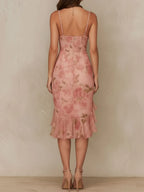 Elegant Blush Floral Ruched Bodycon Midi Dress With Ruffled Hem