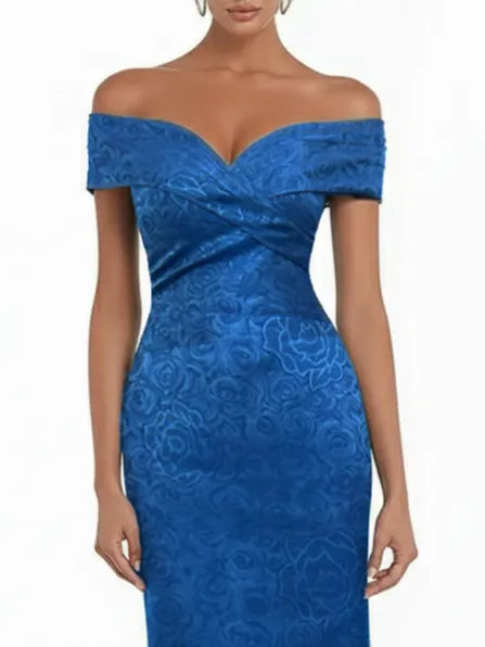 Blue Jacquard Floral Satin Off The Shoulder Sleeveless Sheath Maxi Dress