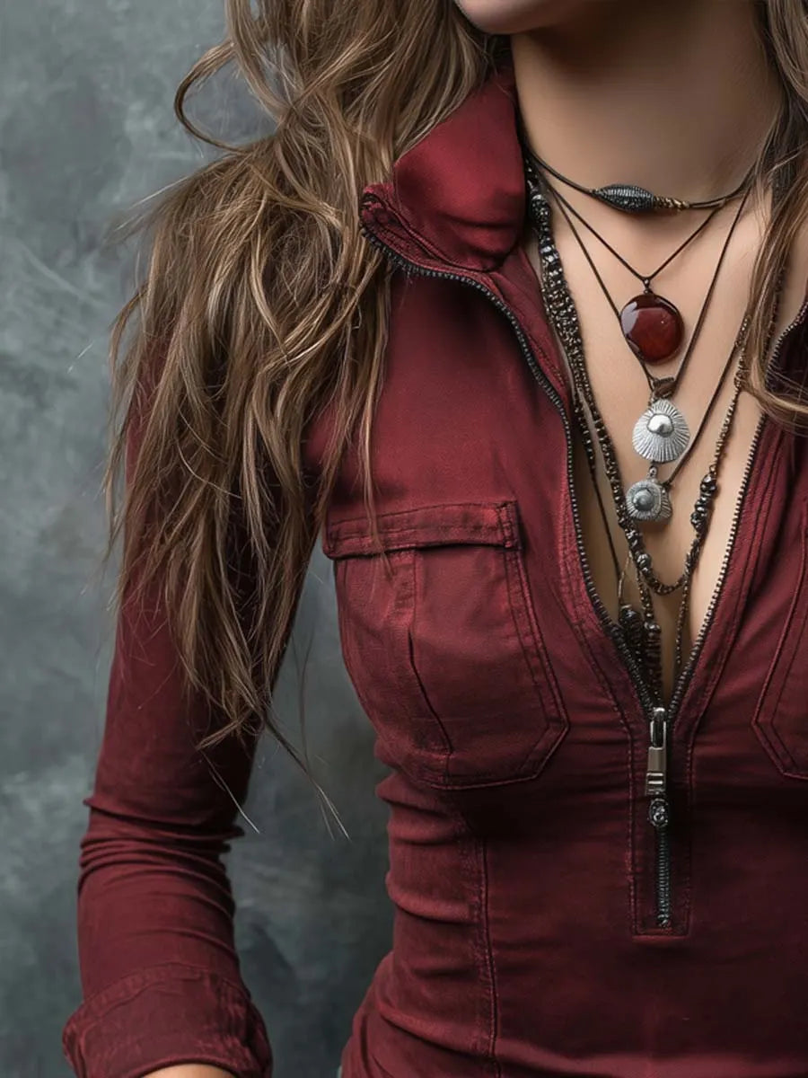 Vintage Half-zip Distressed Denim Blouse