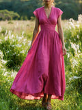 Maxi Linen Dress , Cap Sleeves, V Neck, Plain, Lace, Vintage, Rose Red