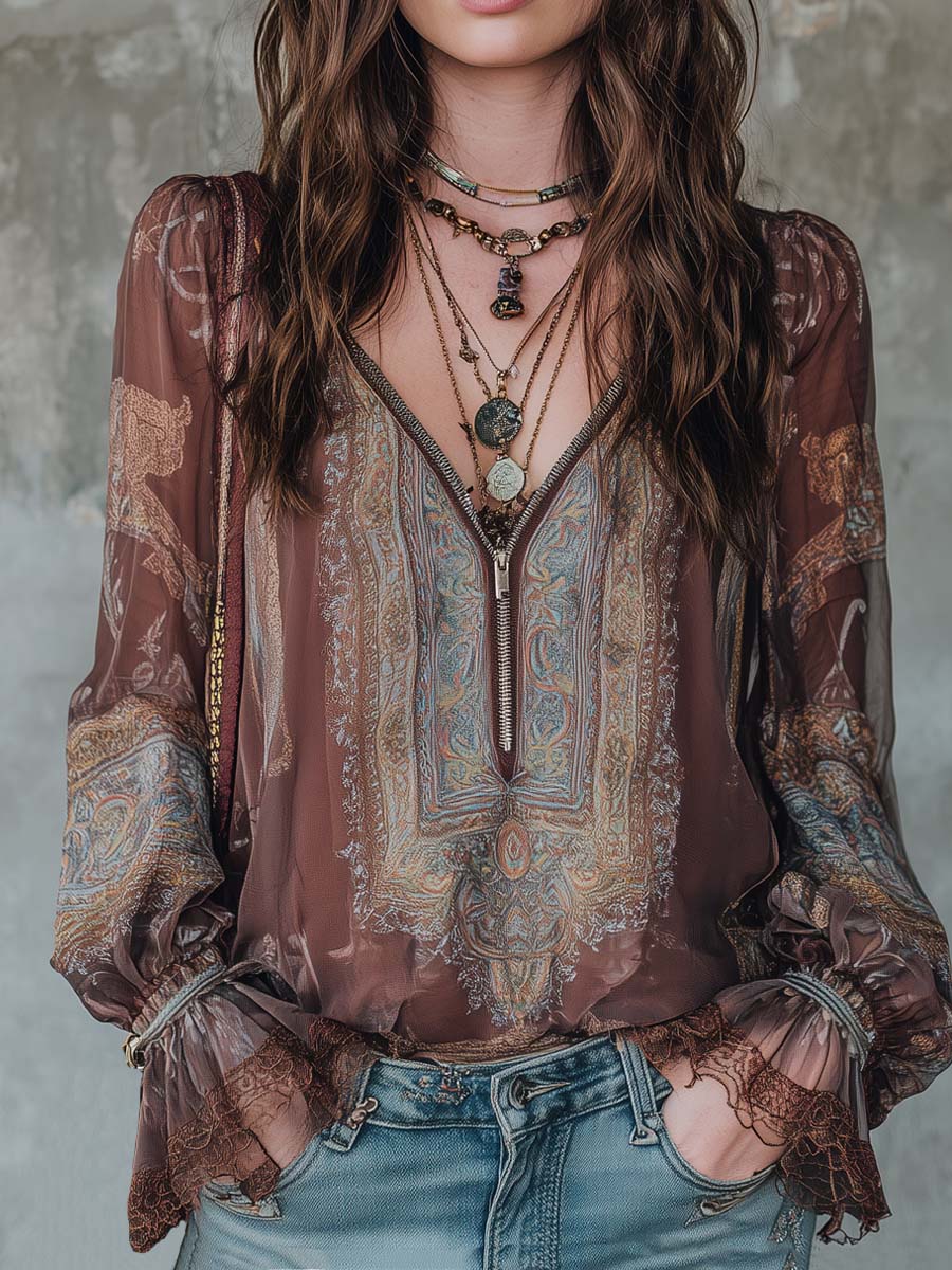 Vintage Ethnic Style Floral Lace Cuffs Blouse