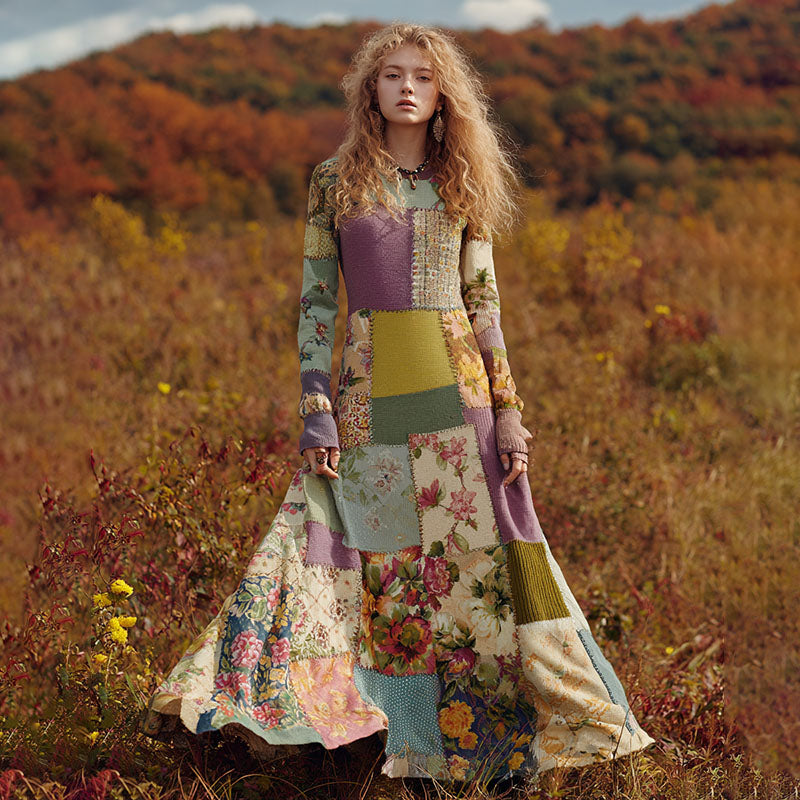 Women's Retro Floral Patchwork Art Cozy Knit Maxi Sweater Dress