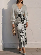 Apricot Floral V Neck Long Puff Sleeve Satin Sheath Maxi Satin Dress