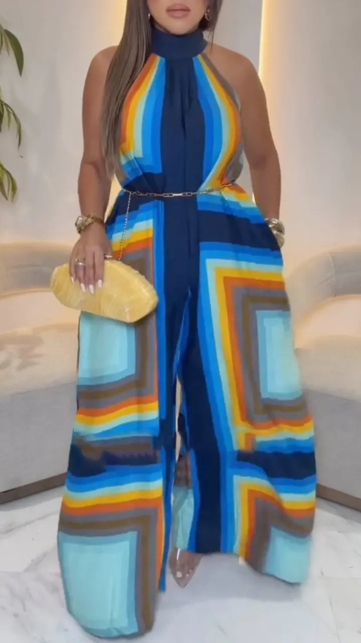 Multicolor Retro Geometric Halter Neck Wide Leg Jumpsuit