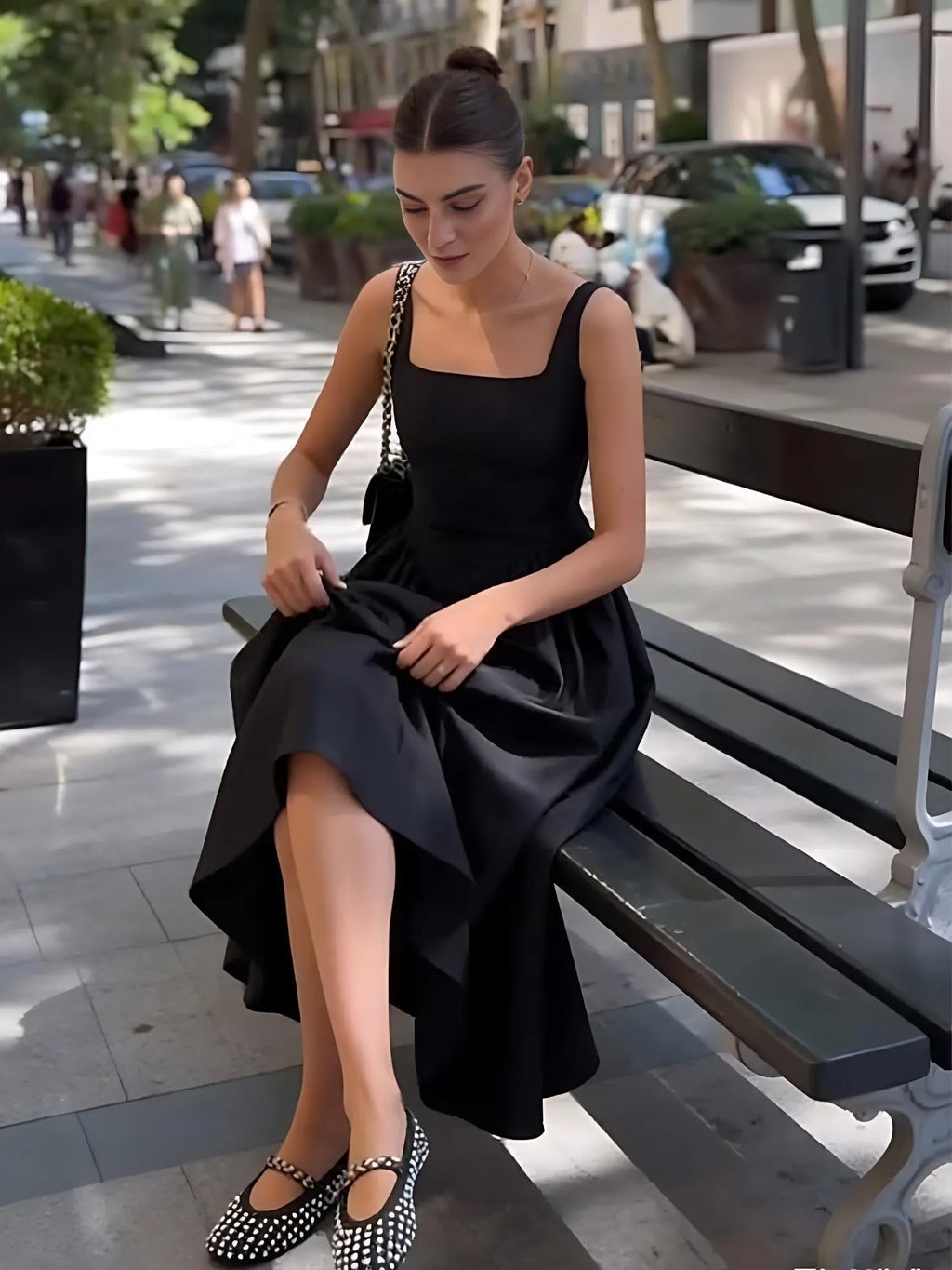 Black Square Neck Back Bow Midi Dress