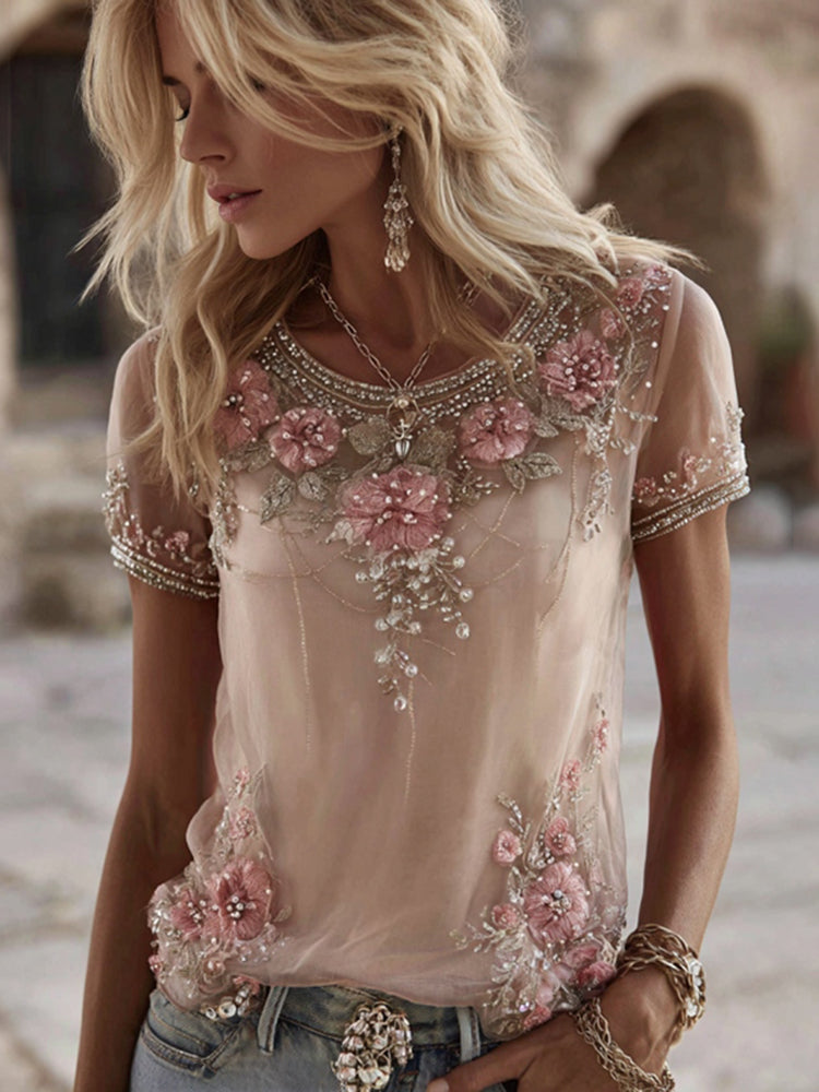 Women's Rose Art Flowy Linen Blend Casual Tops