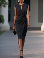 Purplish Blue Ruched Cut Out Classic Crew Neck Cap Sleeve Sheath Midi Dress