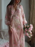 Boho Pink Roses Embroidered Glitter Lace Oversize Linen Maxi Dress