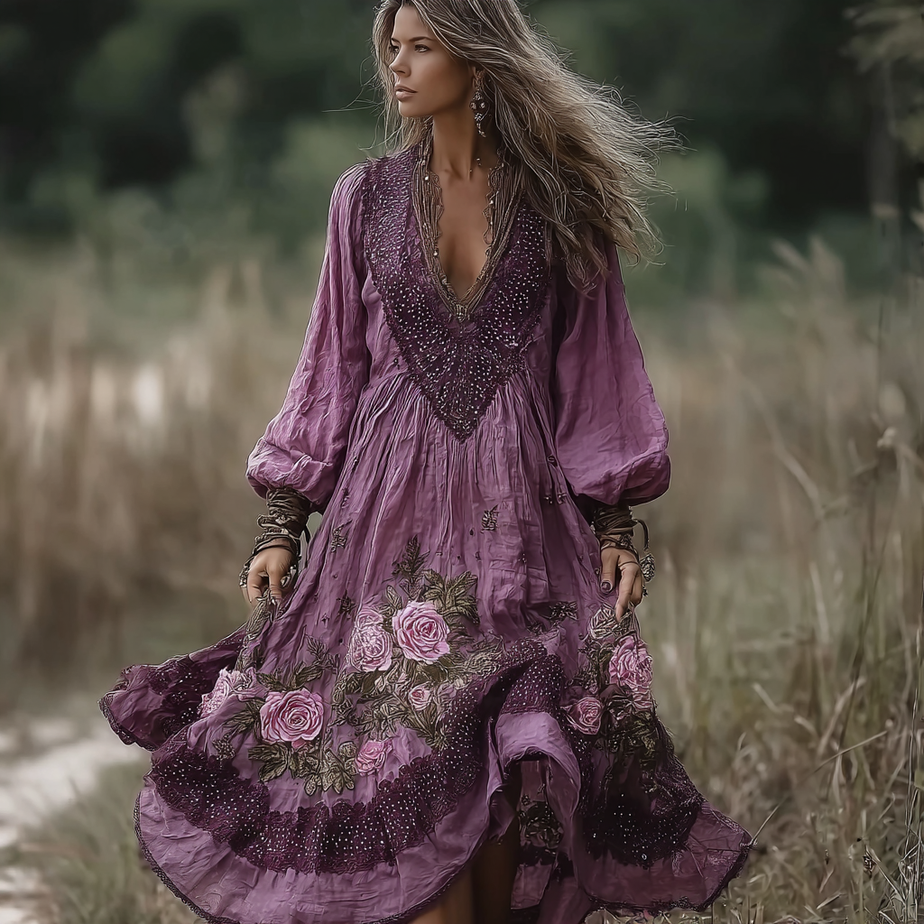 Vintage Purple Rose Design Summer V-neck Long-sleeved Linen Dress