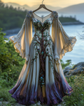 Summer Viking Tribal Celtic Tree of Life Gradient Lace Splicing Ruffle Dress f2e0